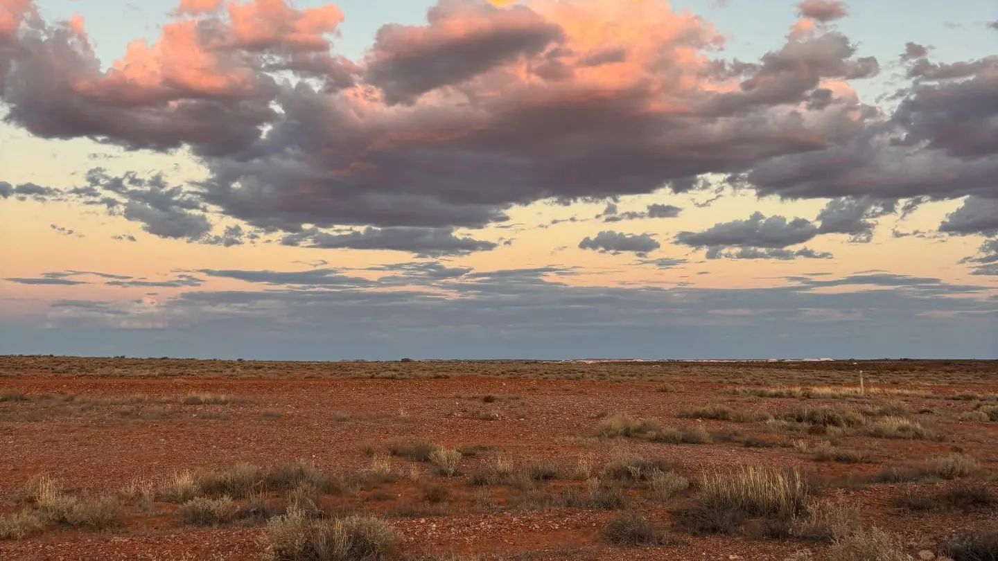 Pink clouds drifting over flat red desert country at sunset